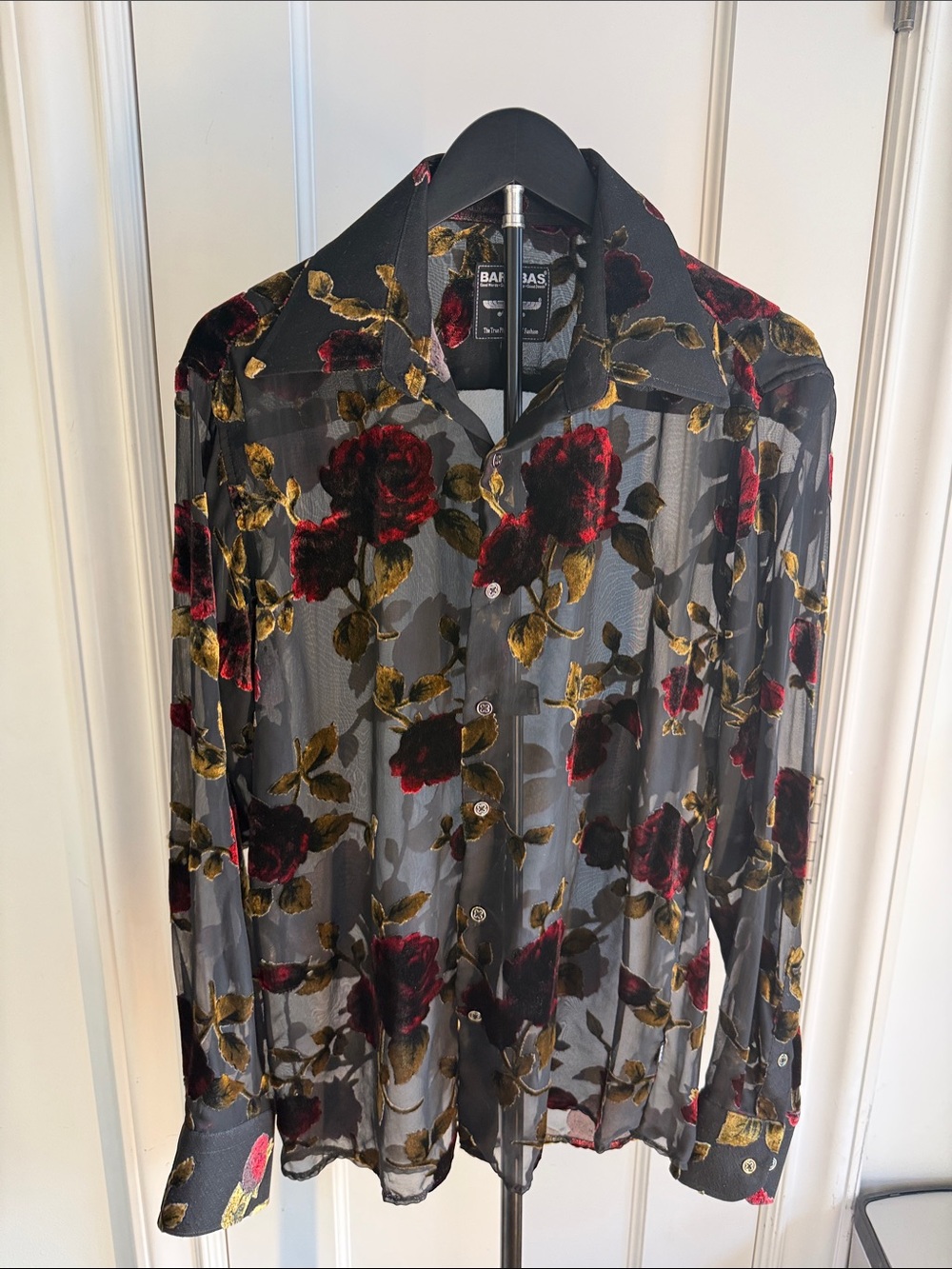 Men’s Black Sheer Floral Button-Up Shirt - Red & Gold Roses